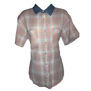 Vintage Pastel Plaid Short Sleeve Button Up With Denim Collar (unlabeled) - S